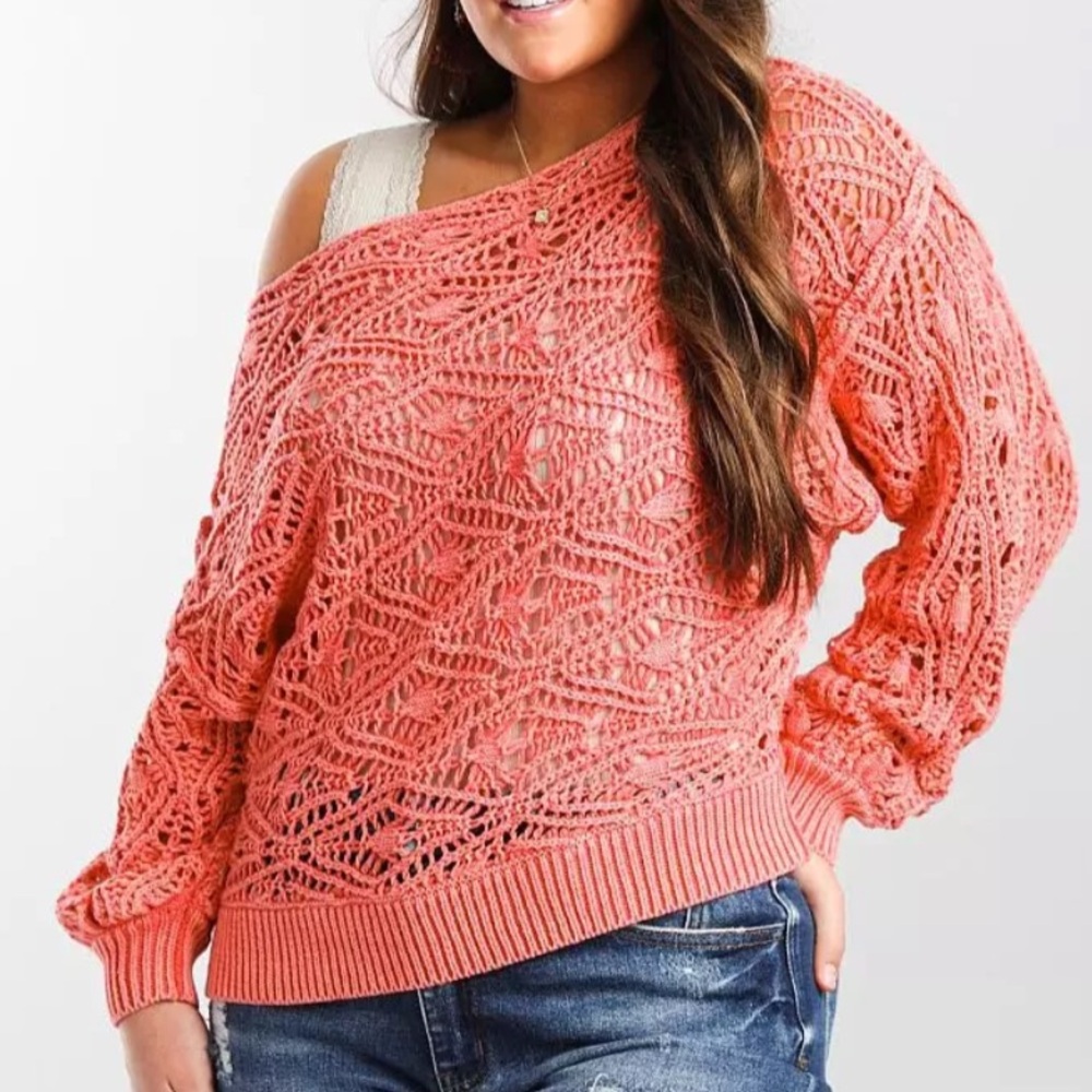 BKE Women L Spiced Coral Open Knit Off The Shoulder Washed Pointelle Sweater